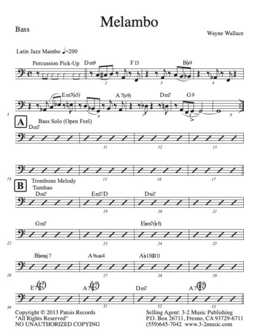 Melambo bass (Download) Latin jazz printed sheet music www.3-2music.com composer and arranger Wayne Wallace combo (decet) instrumentation