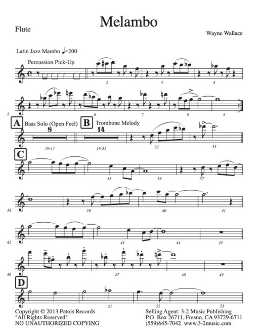Melambo flute (Download) Latin jazz printed sheet music www.3-2music.com composer and arranger Wayne Wallace combo (decet) instrumentation