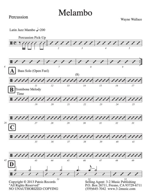 Melambo percussion (Download) Latin jazz printed sheet music www.3-2music.com composer and arranger Wayne Wallace combo (decet) instrumentation