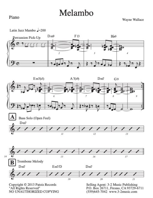 Melambo piano (Download) Latin jazz printed sheet music www.3-2music.com composer and arranger Wayne Wallace combo (decet) instrumentation