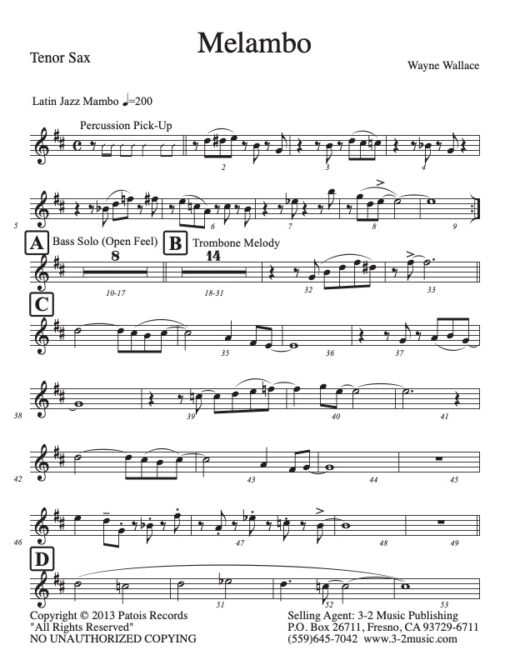 Melambo tenor (Download) Latin jazz printed sheet music www.3-2music.com composer and arranger Wayne Wallace combo (decet) instrumentation