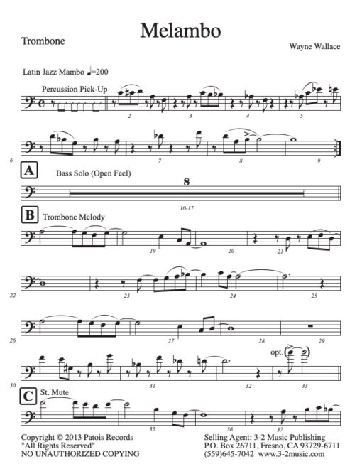 Melambo trombone (Download) Latin jazz printed sheet music www.3-2music.com composer and arranger Wayne Wallace combo (decet) instrumentation