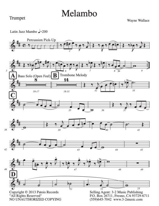 Melambo trumpet (Download) Latin jazz printed sheet music www.3-2music.com composer and arranger Wayne Wallace combo (decet) instrumentation