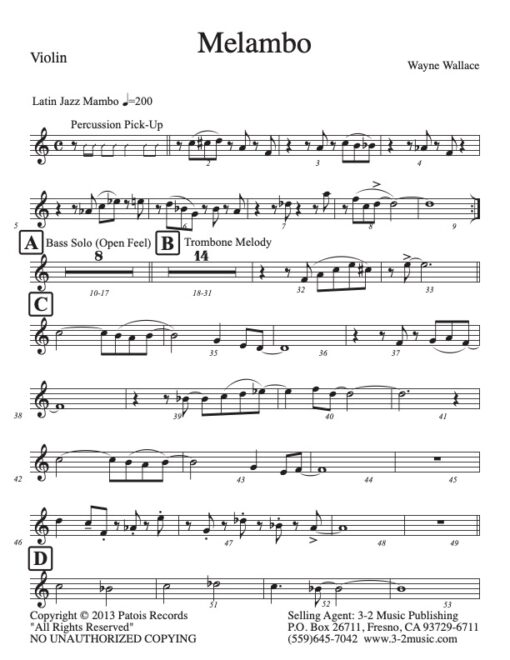 Melambo violin (Download) Latin jazz printed sheet music www.3-2music.com composer and arranger Wayne Wallace combo (decet) instrumentation