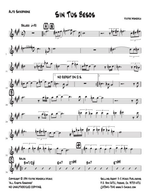 Sin Tus Besos alto (Download) Latin jazz printed sheet music www.3-2music.com composer and arranger Victor Mendoza combo (sextet) instrumentation
