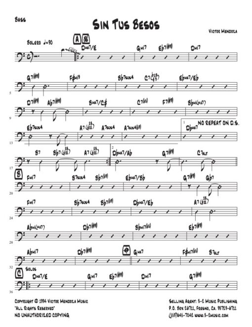 Sin Tus Besos bass (Download) Latin jazz printed sheet music www.3-2music.com composer and arranger Victor Mendoza combo (sextet) instrumentation