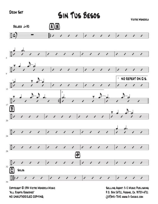 Sin Tus Besos drums (Download) Latin jazz printed sheet music www.3-2music.com composer and arranger Victor Mendoza combo (sextet) instrumentation