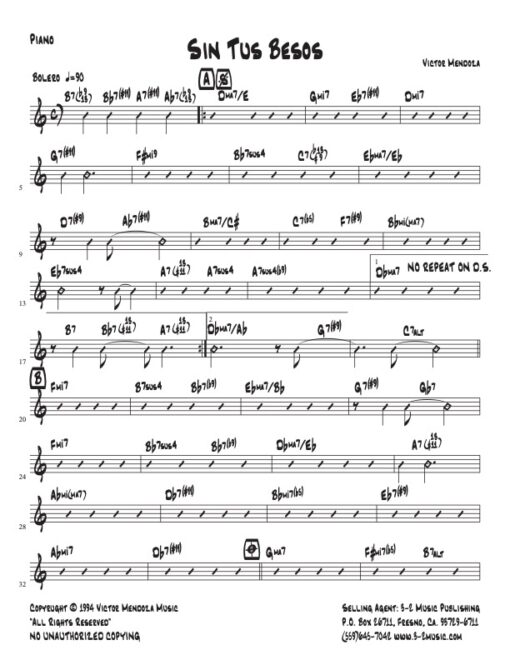 Sin Tus Besos piano (Download) Latin jazz printed sheet music www.3-2music.com composer and arranger Victor Mendoza combo (sextet) instrumentation