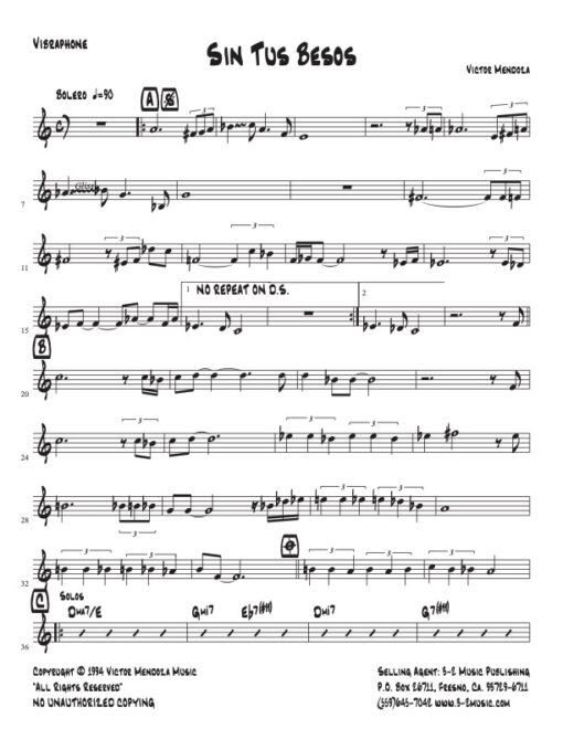 Sin Tus Besos vibraphone (Download) Latin jazz printed sheet music www.3-2music.com composer and arranger Victor Mendoza combo (sextet) instrumentation