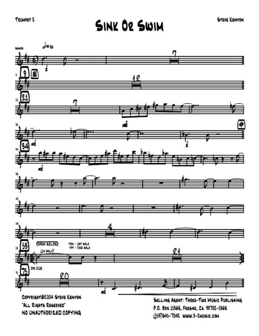 Sink or Swim trumpet 2 (Download) Latin jazz printed sheet music www.3-2music.com composer and arranger Steve Kenyon big band 4-4-5 instrumentation