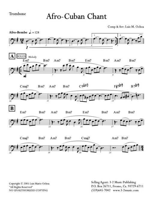 Afro-Cuban Chant trombone (Download) Latin jazz printed big band sheet music www.3-2music.com composer and arranger Luis Maria Ochoa combo (nonet)