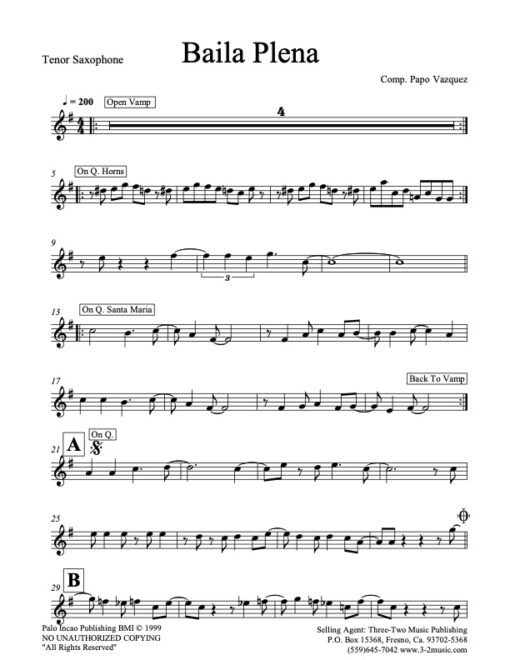 Baila Plena V.1 tenor (Download) Latin jazz printed sheet music www.3-2music.com composer and arranger Papo Vazquez combo (septet) instrumentation