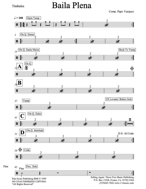 Baila Plena V.1 timbales (Download) Latin jazz printed sheet music www.3-2music.com composer and arranger Papo Vazquez combo (septet) instrumentation