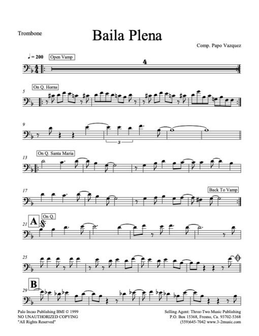 Baila Plena V.1 trombone (Download) Latin jazz printed sheet music www.3-2music.com composer and arranger Papo Vazquez combo (septet) instrumentation