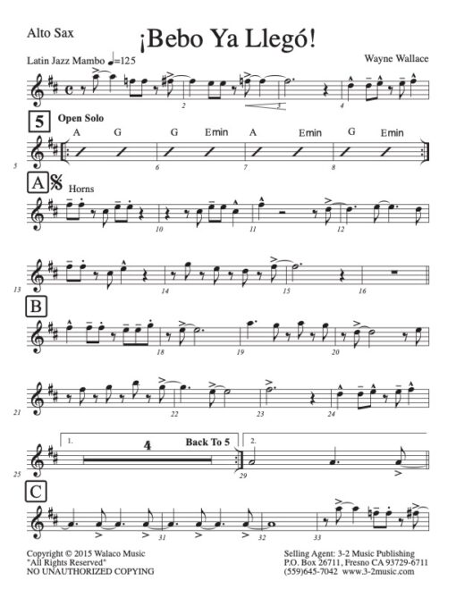 Bebo Ya Llego alto (Download) Latin jazz printed combo sheet music www.3-2music.com composer and arranger Wayne Wallace CD To Hear From There