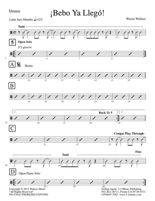 Bebo Ya Llego drums (Download) Latin jazz printed combo sheet music www.3-2music.com composer and arranger Wayne Wallace CD To Hear From There