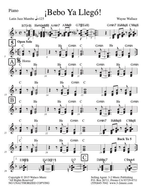 Bebo Ya Llego piano (Download) Latin jazz printed combo sheet music www.3-2music.com composer and arranger Wayne Wallace CD To Hear From There
