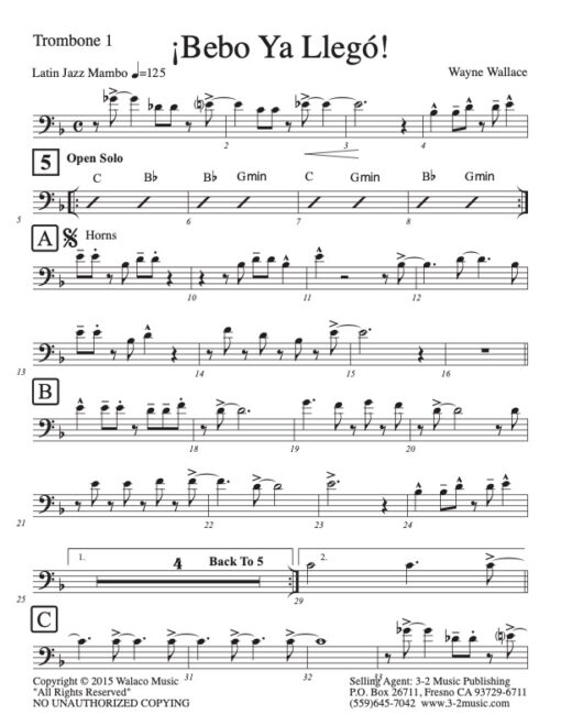 Bebo Ya Llego trombone (Download) Latin jazz printed combo sheet music www.3-2music.com composer and arranger Wayne Wallace CD To Hear From There