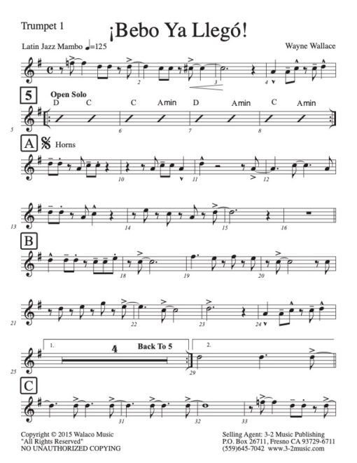 Bebo Ya Llego trumpet (Download) Latin jazz printed combo sheet music www.3-2music.com composer and arranger Wayne Wallace CD To Hear From There