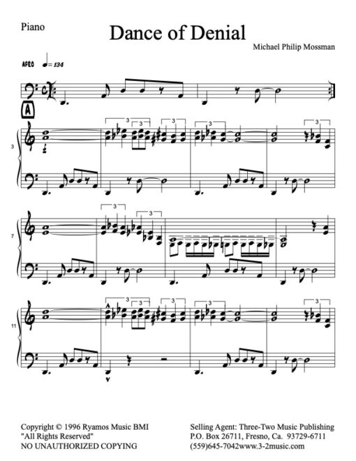 Dance of Denial V.2 piano (Download) Latin jazz printed sheet music www.3-2music.com composer and arranger Michael Mossman combo (nonet)