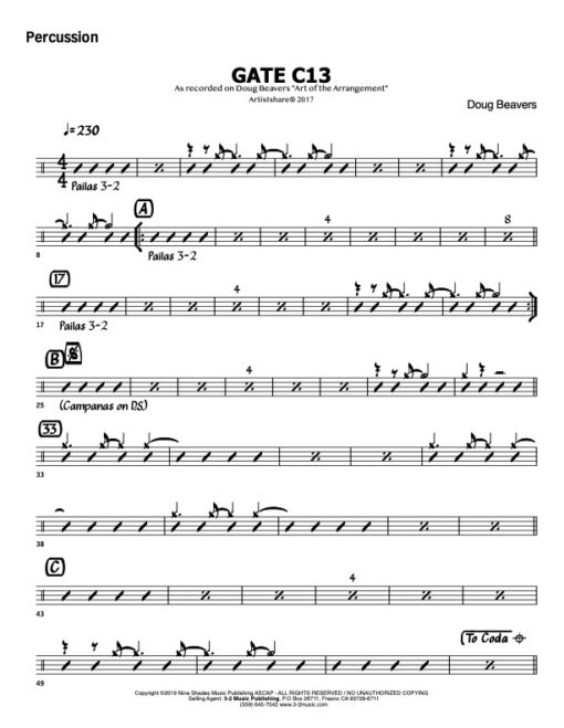 Gate 13 V.1 percussion (Download) Latin jazz sheet music www.3-2music.com composer and arranger Doug Beavers combo (octet) instrumentation