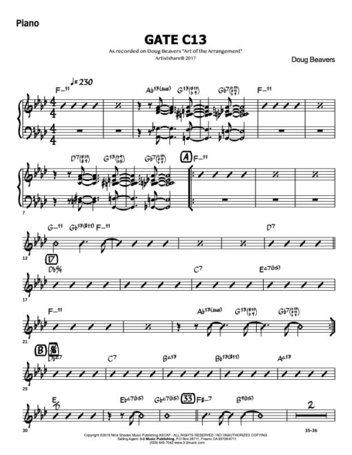Gate 13 V.1 piano (Download) Latin jazz sheet music www.3-2music.com composer and arranger Doug Beavers combo (octet) instrumentation
