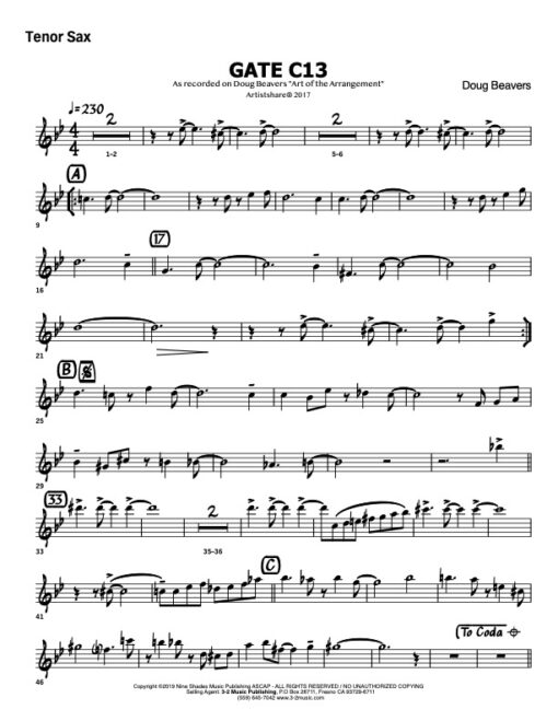 Gate 13 V.1 tenor (Download) Latin jazz sheet music www.3-2music.com composer and arranger Doug Beavers combo (octet) instrumentation