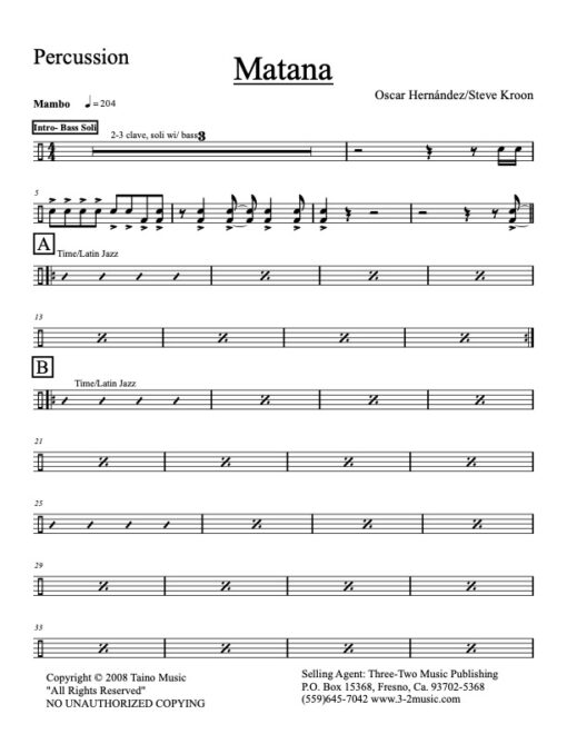 Matana percussion (Download) Latin jazz printed sheet music www.3-2music.com composer and arranger Oscar Hernandez combo (septet) instrumentation