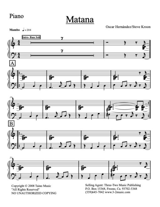 Matana piano (Download) Latin jazz printed sheet music www.3-2music.com composer and arranger Oscar Hernandez combo (septet) instrumentation