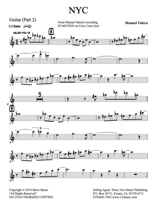 NYC guitar 2 (Download) Latin jazz printed sheet music www.3-2music.com composer and arranger Manuel Valera combo (sextet) Instrumentation