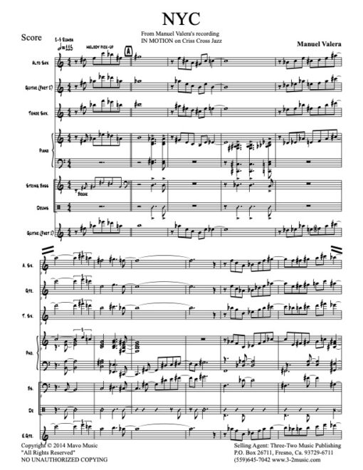 NYC score (Download) Latin jazz printed sheet music www.3-2music.com composer and arranger Manuel Valera combo (sextet) Instrumentation