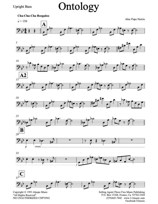 Ontology bass (Download) Latin jazz printed sheet music www.3-2music.com composer and arranger Alex Pope Norris combo (septet) instrumentation