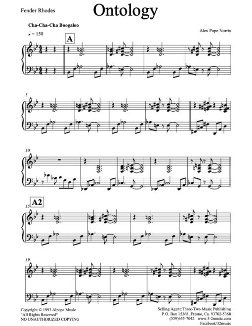 Ontology keyboards (Download) Latin jazz printed sheet music www.3-2music.com composer and arranger Alex Pope Norris combo (septet) instrumentation