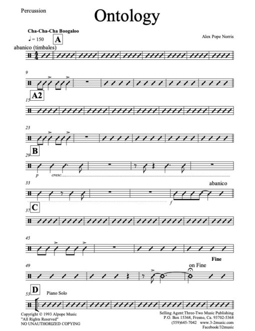 Ontology percussion (Download) Latin jazz printed sheet music www.3-2music.com composer and arranger Alex Pope Norris combo (septet) instrumentation