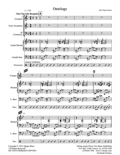 Ontology score (Download) Latin jazz printed sheet music www.3-2music.com composer and arranger Alex Pope Norris combo (septet) instrumentation