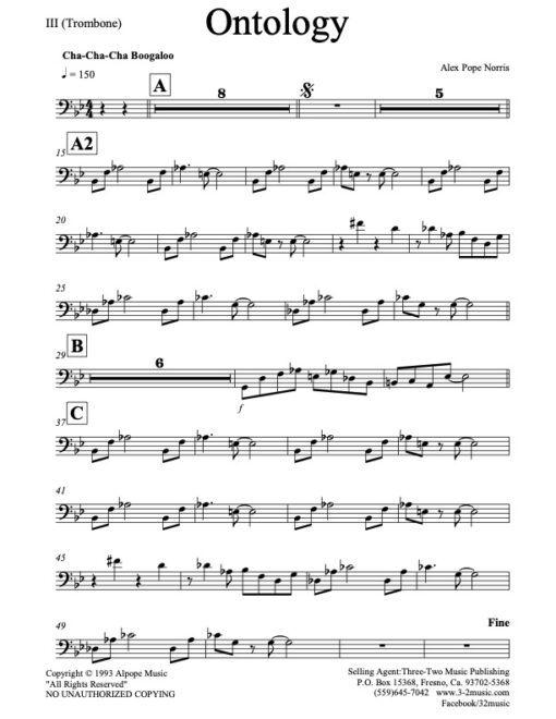 Ontology trombone (Download) Latin jazz printed sheet music www.3-2music.com composer and arranger Alex Pope Norris combo (septet) instrumentation