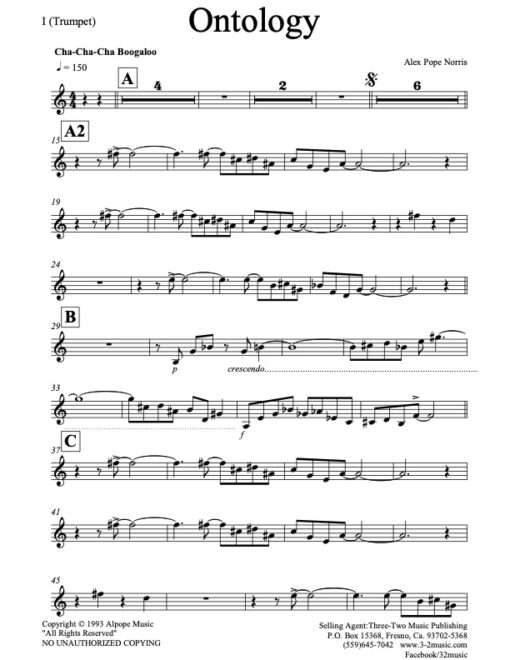 Ontology trumpet (Download) Latin jazz printed sheet music www.3-2music.com composer and arranger Alex Pope Norris combo (septet) instrumentation