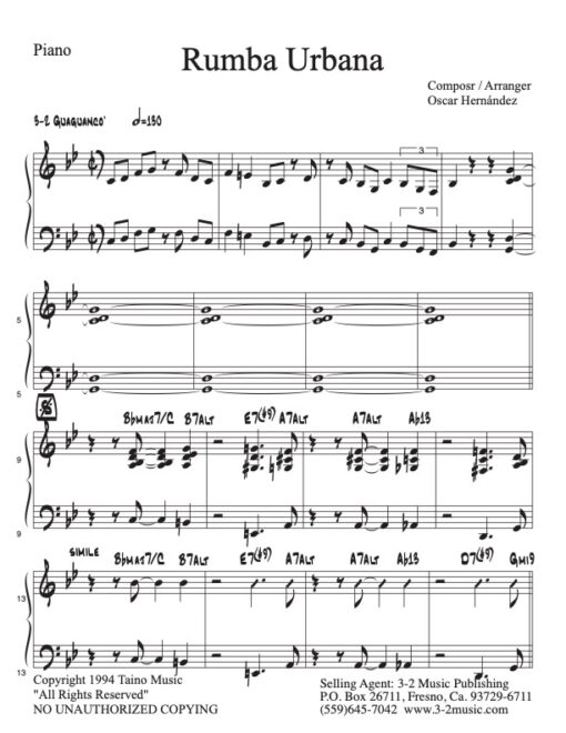 Rumba Urbana V.2 piano (Download) Latin jazz printed sheet music www.3-2music.com arranger and composer Oscar Hernández combo (tentet) instrumentation