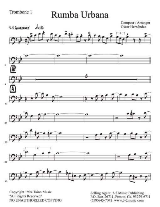 Rumba Urbana V.2 trombone 1 (Download) Latin jazz printed sheet music www.3-2music.com arranger and composer Oscar Hernández combo (tentet)