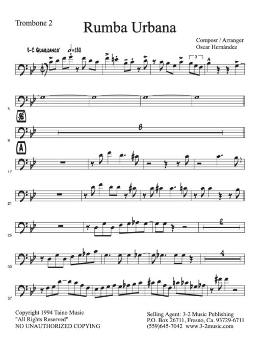 Rumba Urbana V.2 trombone 2 (Download) Latin jazz printed sheet music www.3-2music.com arranger and composer Oscar Hernández combo (tentet)