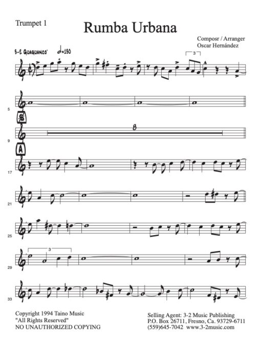 Rumba Urbana V.2 trumpet 1 (Download) Latin jazz printed sheet music www.3-2music.com arranger and composer Oscar Hernández combo (tentet)