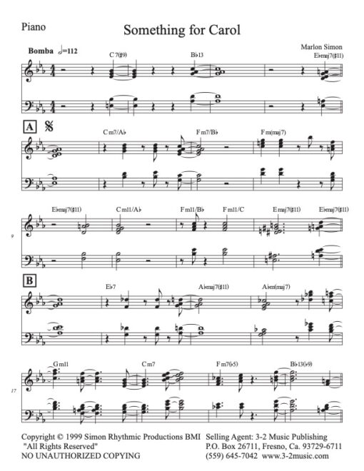 Something for Carol piano (Download) Latin jazz printed sheet music www.3-2music.com composer Marlon Simon tenor trumpet rhythm