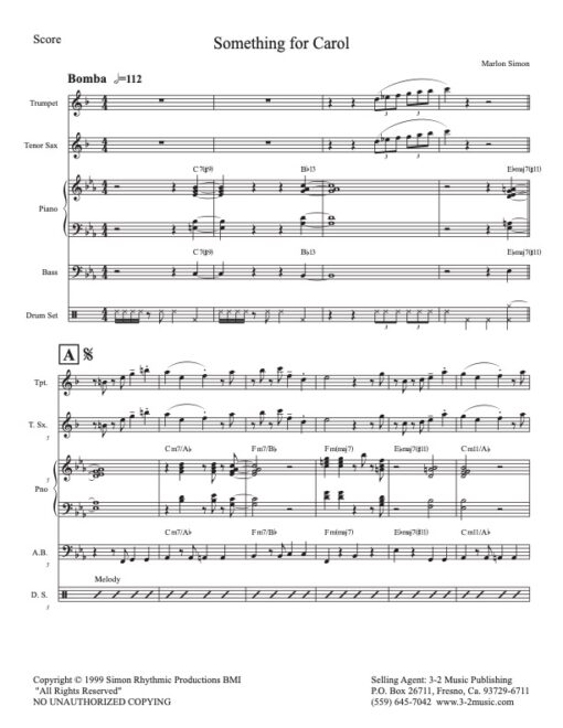 Something for Carol score (Download) Latin jazz printed sheet music www.3-2music.com composer Marlon Simon tenor trumpet rhythm