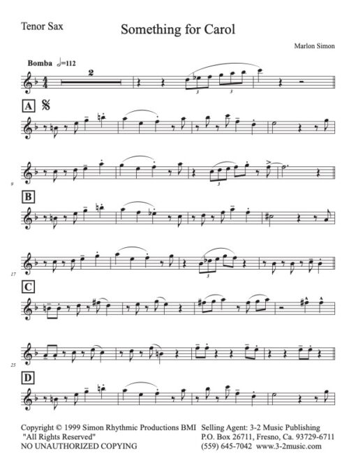 Something for Carol tenor (Download) Latin jazz printed sheet music www.3-2music.com composer Marlon Simon tenor trumpet rhythm
