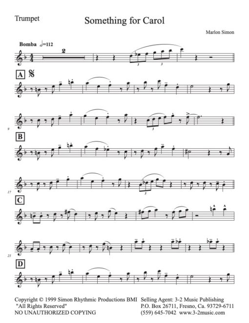 Something for Carol trumpet (Download) Latin jazz printed sheet music www.3-2music.com composer Marlon Simon tenor trumpet rhythm