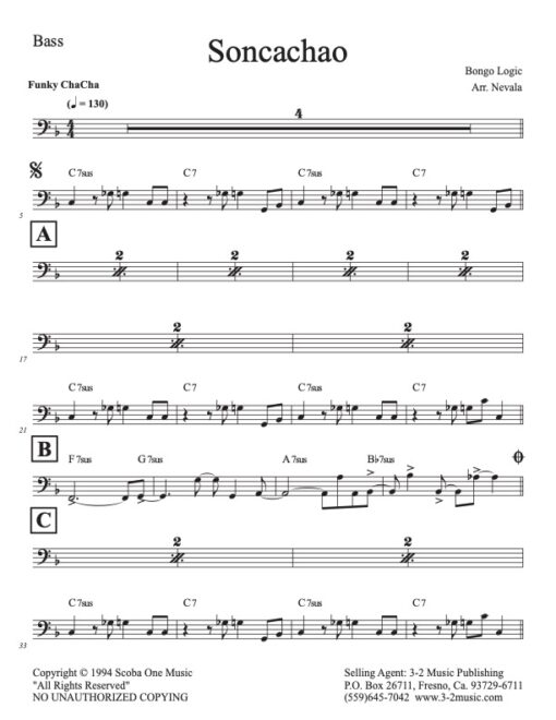 Soncachao bass (Download) Latin jazz combo sheet music www.3-2music.com composer and arranger Harry Scorzo combo (octet) instrumentation