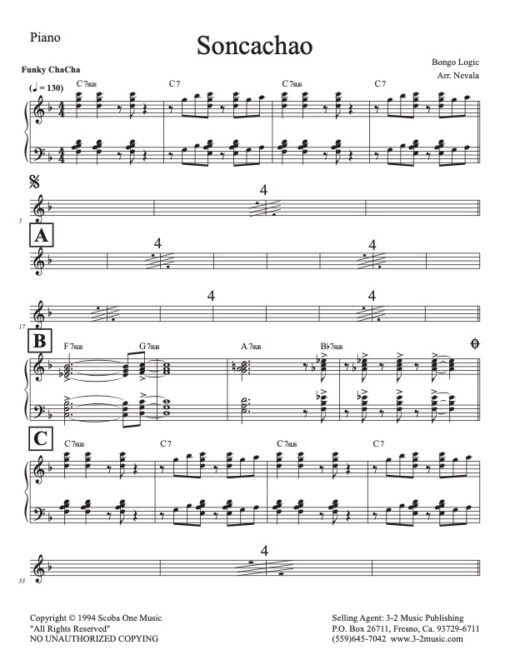Soncachao piano (Download) Latin jazz combo sheet music www.3-2music.com composer and arranger Harry Scorzo combo (octet) instrumentation