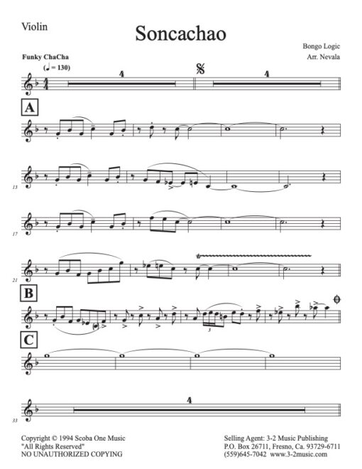 Soncachao violin (Download) Latin jazz combo sheet music www.3-2music.com composer and arranger Harry Scorzo combo (octet) instrumentation