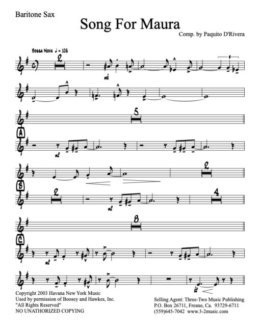 Song For Maura V.1 baritone (Download) Latin jazz printed sheet music www.3-2music.com Paquito D'Rivera big band 4-4-5 instrumentation