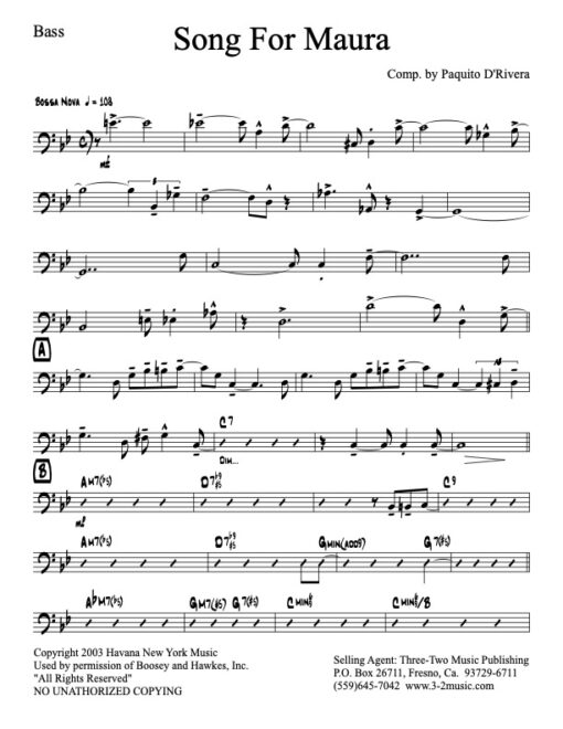 Song For Maura V.1 bass (Download) Latin jazz printed sheet music www.3-2music.com Paquito D'Rivera big band 4-4-5 instrumentation